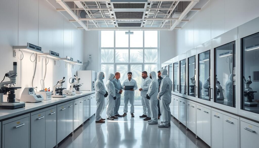 A technologically-advanced insect control laboratory for شركة الوقاية الذهبية. Rows of specialized equipment line the pristine white walls, from high-powered microscopes to state-of-the-art fumigation chambers. Biohazard suits and protective gear hang neatly, ready for use. In the center, a team of experts gathers around a digital display, analyzing data and strategizing the most effective, eco-friendly methods to eliminate pests. Natural light streams in through large windows, illuminating the serious, determined expressions of the professionals dedicated to providing 6-month guaranteed pest control services in Riyadh.