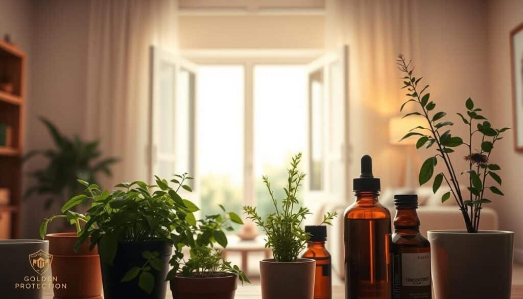 A serene indoor scene showcasing natural pest prevention methods. The foreground features potted plants, herbs, and essential oils, representing natural insect deterrents. The middle ground depicts an open window with a light breeze flowing in, symbolizing a fresh, eco-friendly approach. The background depicts a calming, minimalist living space, with warm, indirect lighting and neutral tones, conveying a sense of comfort and well-being. The overall mood is one of tranquility and a harmonious coexistence between nature and the home, reflecting the "Golden Protection" company's approach to sustainable pest control in Riyadh.